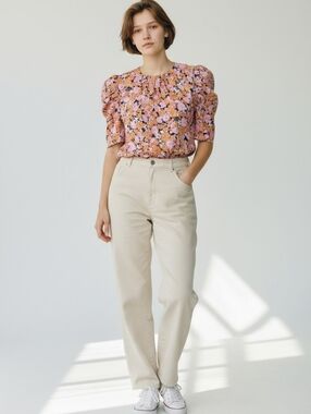 WAYF Womens M Shirt Blouse Orange Pink Floral Puffy Shoulders Feminine Prairie